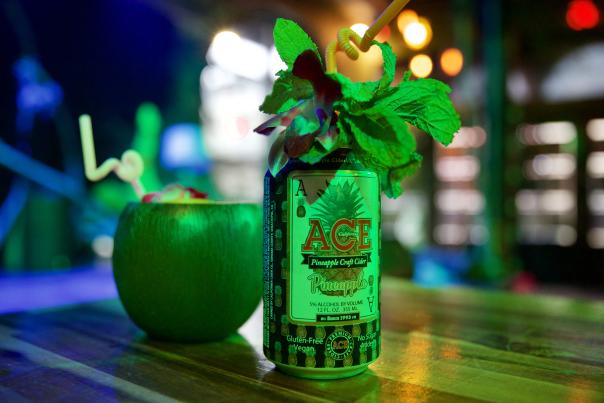 Decorative coconut cup and can of beer