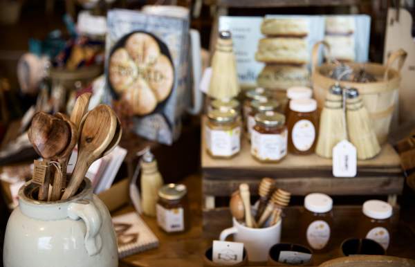 Do Goods Mercantile store display: wooden spoons and jars of food