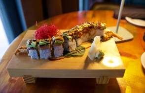 The Black Dragon Roll at Chuck's Fish placed on a board