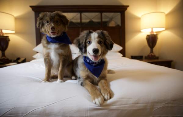 Two dogs sitting on bed in hotel room.