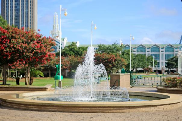 Fountain in the park in front of downtown Mobile