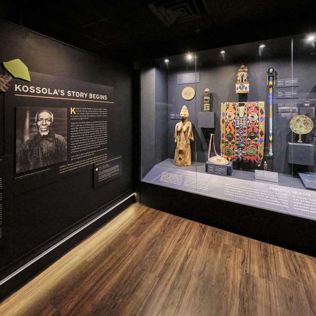African artifacts in a display cabinet