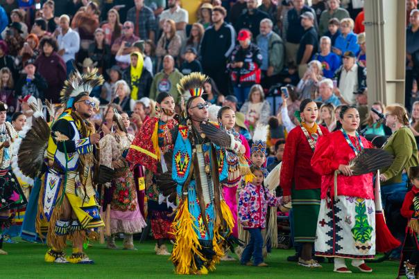 Group of people dressed in Indigenous garb at the Poarch Creek Indians' Annual Thanksgiving Pow Wow