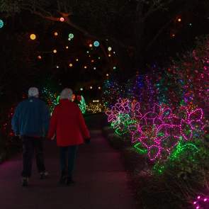 Elderly couple holding hands and walking through Bellingrath Gardens & Home's Magic Christmas in Lights display