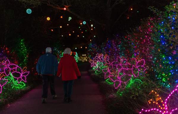 Elderly couple holding hands and walking through Bellingrath Gardens & Home's Magic Christmas in Lights display