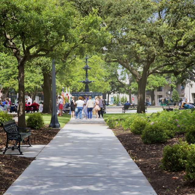 Looking into Bienville Square with oak trees, plants and park benches