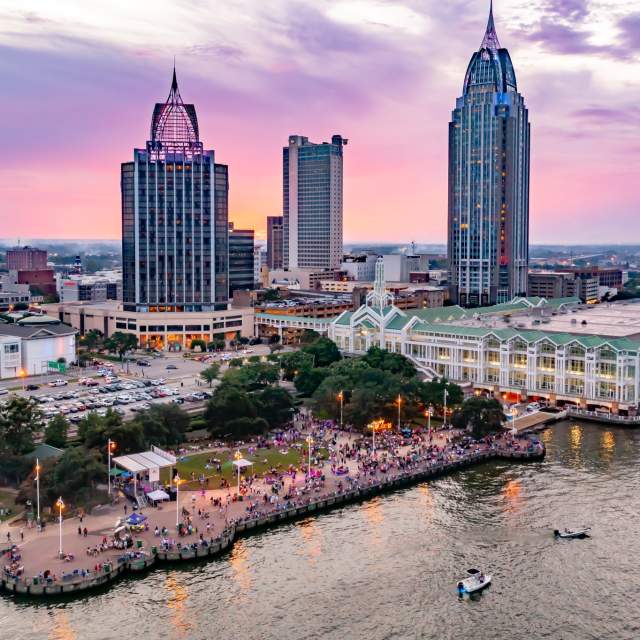 mobile waterfront skyline with hi-rise buildings in the background