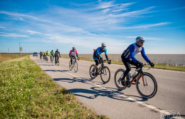 line of people riding bicycles in the street
