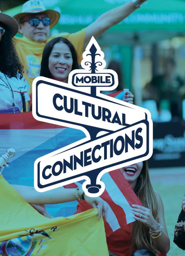 Latina women wearing brightly colored clothing and holding flags from their countries with Mobile Cultural Connections logo