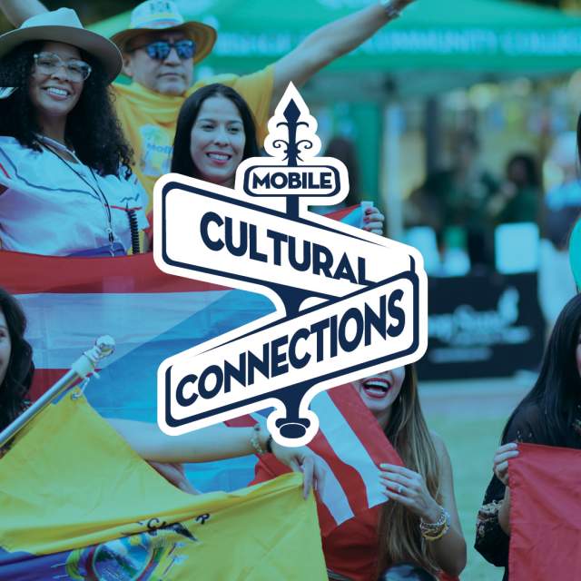 Latina women wearing brightly colored clothing and holding flags from their countries with Mobile Cultural Connections logo