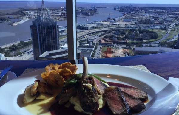 plate of food in front of an aerial view of the city from