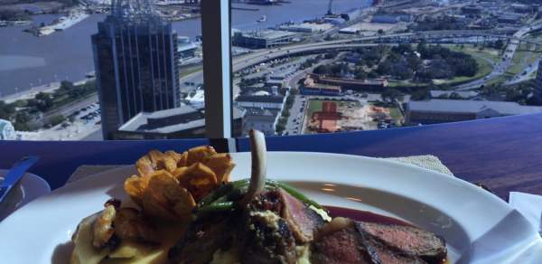 plate of food in front of an aerial view of the city from