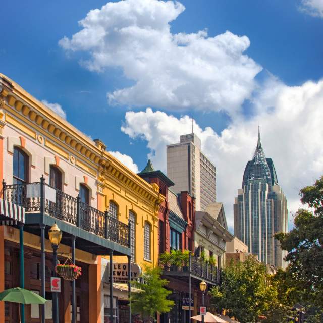row of buisinesses on Dauphin Street downtown Mobile