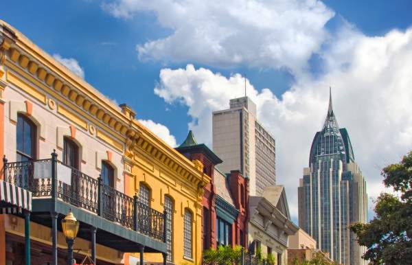 row of buisinesses on Dauphin Street downtown Mobile
