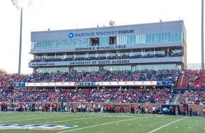 Football field with fans in the stands