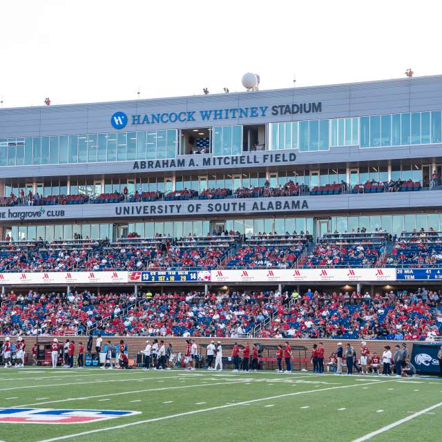 Football field with fans in the stands