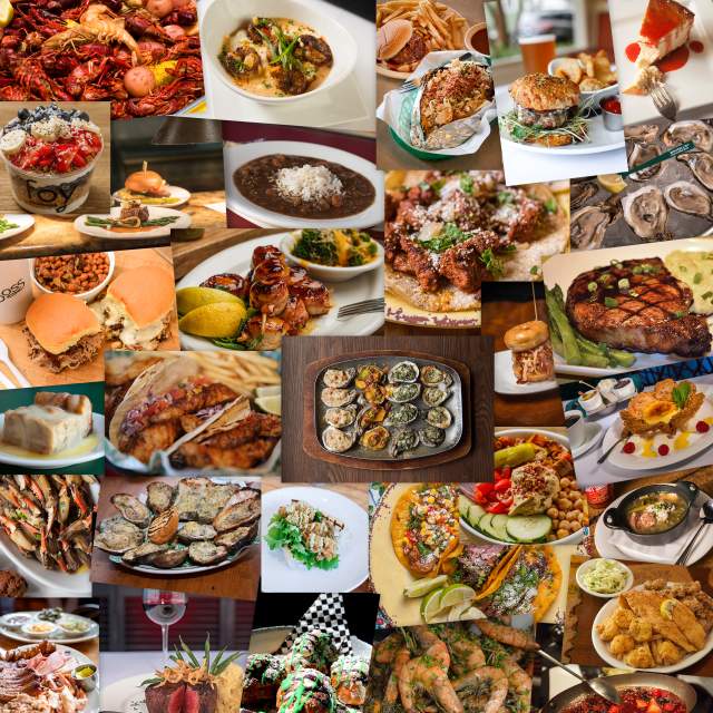 a collage of plates of various foods