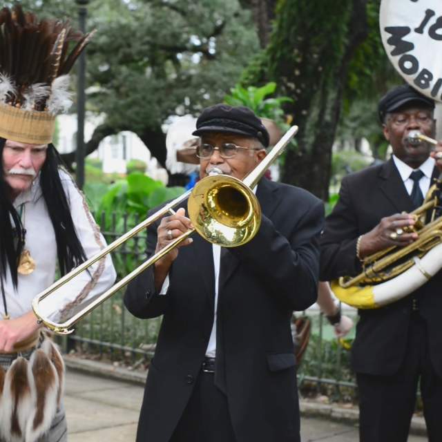 Joe Cain dressed as Chief Slac with the Excelsior Band in Mobile, AL