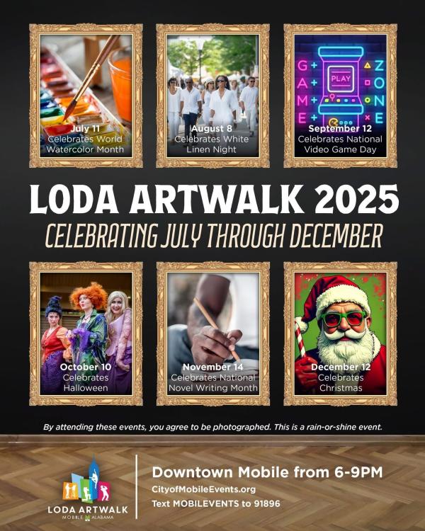 Social media graphic that displays the themes for each LoDa Artwalk from July-December