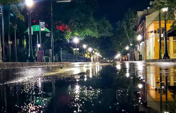 Rainy night shot of a downtown street