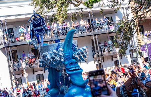 An elaborate blue float from Mobile's Mardi Gras parade