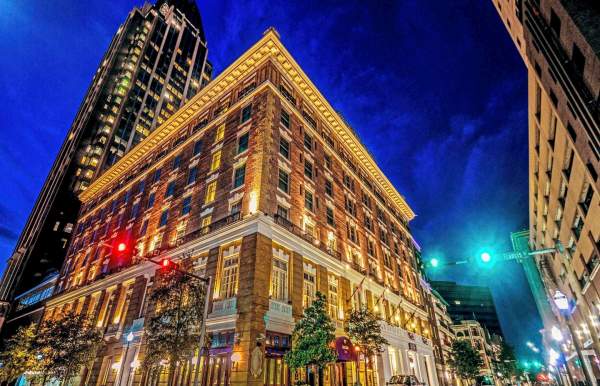 Hotel from corner street view at night