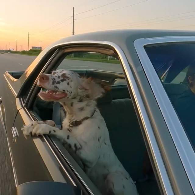dalmation dog with his head hanging out of a moving car window with a smile on his face
