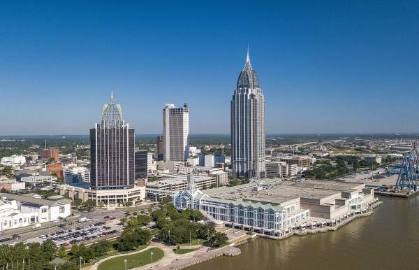 Arial view of the waterfront and downtown Mobile