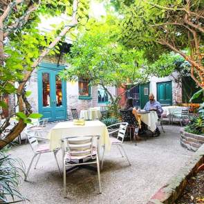 Outdoor dining on a patio with trees
