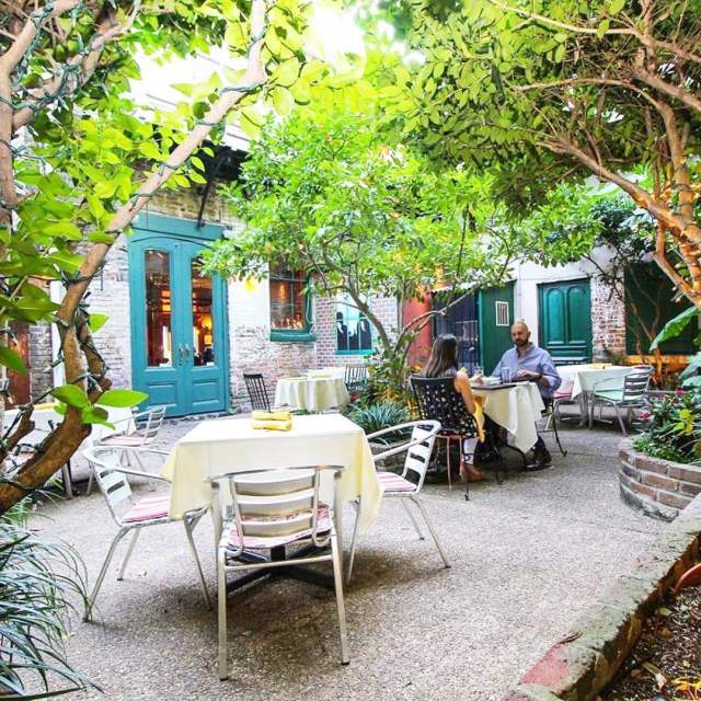 Outdoor dining on a patio with trees