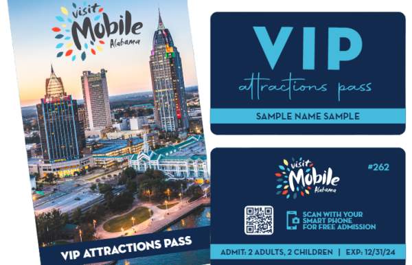 Visit Mobile VIP Attractions Pass card cover: Visit Mobile logo (white text with multicolored leaves circling the left side), image of downtown mobile - on the waterfront with hi-rise buildings. Card front: VIP attractions pass, sample name sample. Card back: Visit Mobile logo (white text with multicolored leaves circling the left side), #262, scan with your smart phone for free admission, admit: 2 adults, 2 children, exp. 12/31/24