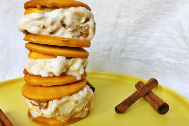 Pumpkin spice Moonpie and vanilla ice cream tower