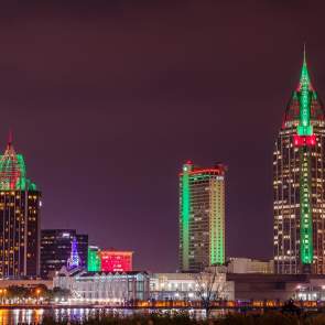 The Mobile skyline lit up for Christmas