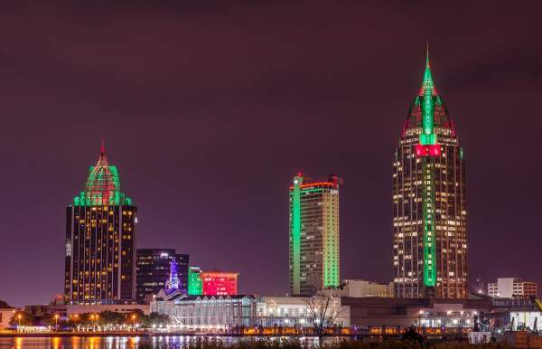 The Mobile skyline lit up for Christmas