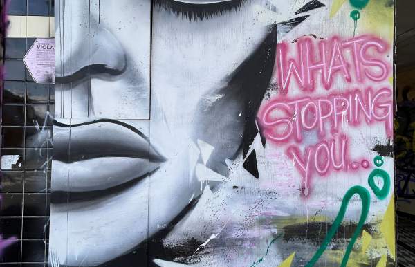 Mural of half of a face on colorful background