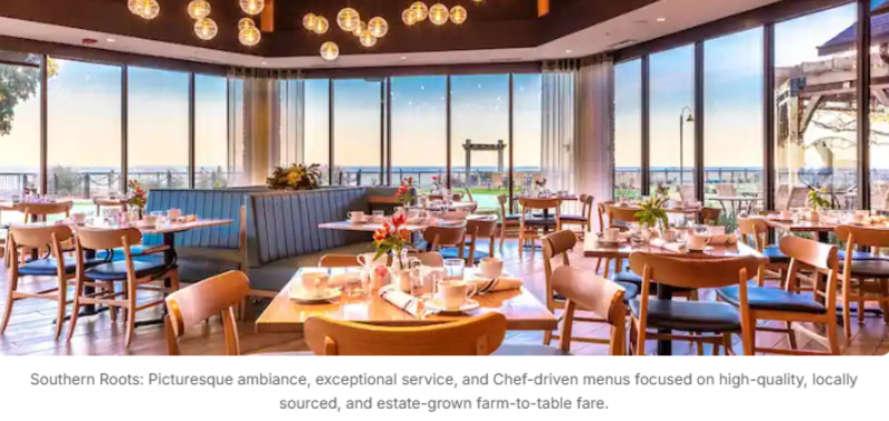 The Grand Hotel's restaurant, Southern Roots, with tables overlooking Mobile Bay